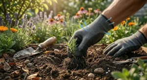 A gardener wearing thin, breathable work gloves while planting flowers during the summer heat.