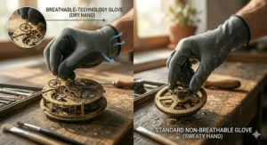 Comparison graphic showing the temperature difference between standard rubber gloves and work gloves that don't make hands sweat.