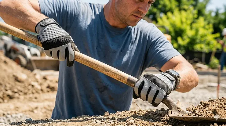 A person wearing breathable work gloves that don't make hands sweat while working in a warm outdoor environment.