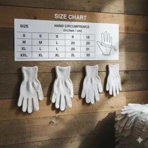 A size guide showing various fits for cotton work gloves available in bulk.