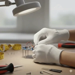 A person performing a precision task using canvas gloves to demonstrate superior finger flexibility and grip.