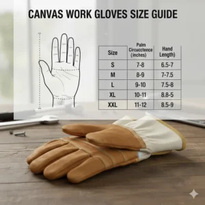Size guide for canvas work gloves with leather palm showing hand measurement instructions.