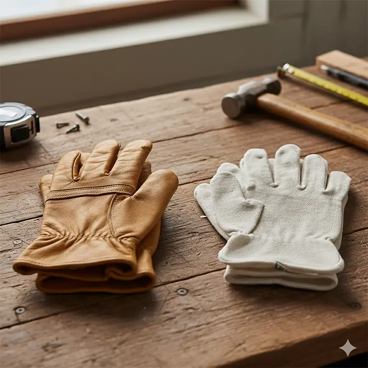 A side-by-side comparison of heavy-duty leather work gloves and lightweight canvas work gloves on a wooden workbench. canvas work gloves vs leather