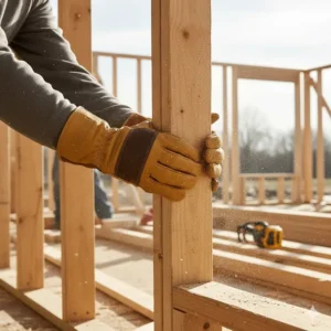 A construction worker wearing framing gloves while handling large timber studs on a residential framing site.