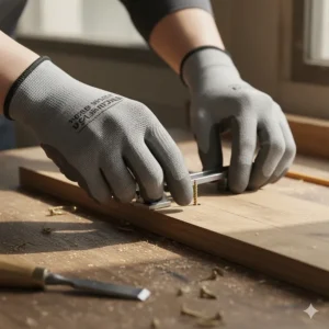 Close-up of a carpenter using thin-profile carpentry gloves to handle small brass screws and a marking gauge.