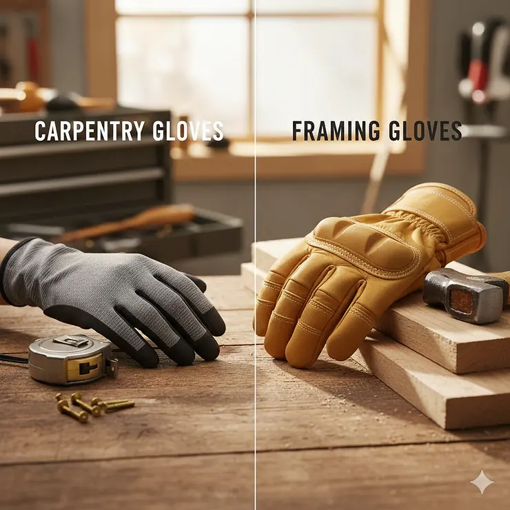 Side-by-side comparison of lightweight carpentry gloves and heavy-duty leather framing gloves on a wooden workbench. carpentry gloves vs framing gloves