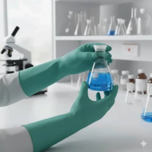 Green nitrile chemical-resistant gloves being used to handle a sealed container in a laboratory setting.