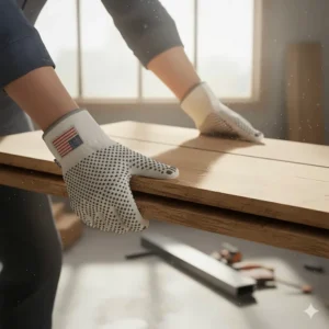 Worker using cotton work gloves made in USA to handle lumber on a construction site.