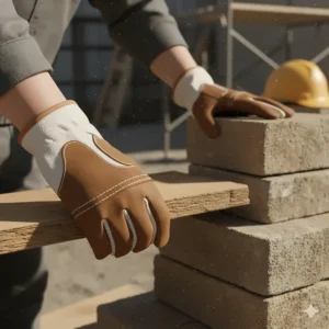 Worker wearing leather palm canvas gloves while handling rough lumber and masonry bricks.