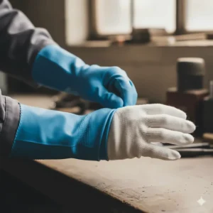 White cotton gloves being used as liners under rubber gloves for sweat absorption.