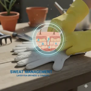 Illustration of thin cotton work gloves being used as liners under rubber gloves to manage hand perspiration.