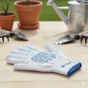 Diagram showing air circulation through cotton fibers to keep hands cool and dry during work.