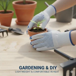 Illustration of a person gardening wearing lightweight cotton work gloves to keep hands comfortable in hot weather.