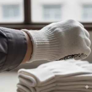 Detail of the elastic knit wrist cuff on a bulk cotton work glove for a secure fit.