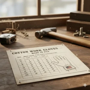 Size measurement chart for unisex cotton work gloves made in USA to ensure proper fit.