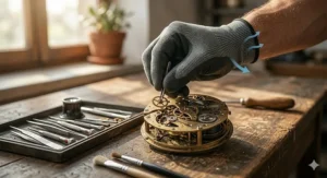 Close-up of hands performing precise mechanical tasks using thin, sweat-resistant work gloves.