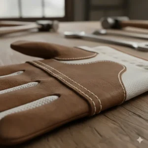 Detailed view of double-stitched seams on canvas work gloves with leather palm for added durability.