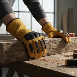 Illustration of framing gloves featuring reinforced rubber guards on knuckles and fingers for impact resistance.