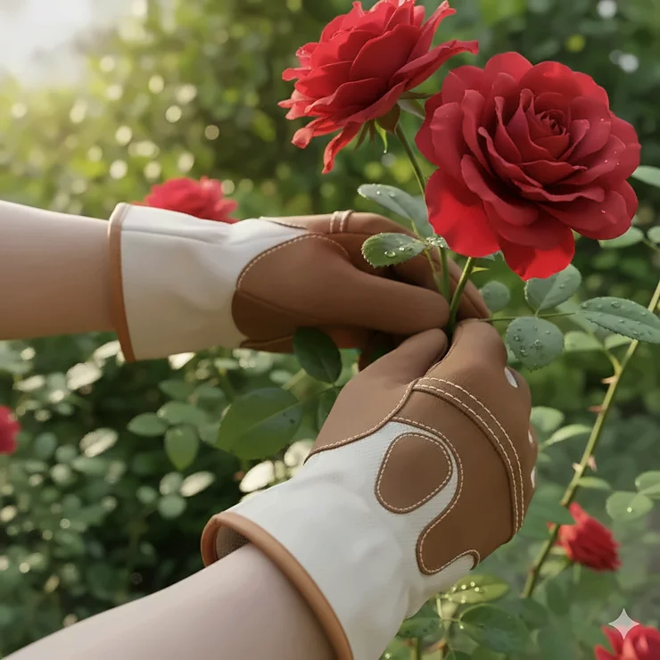 Person using canvas work gloves with leather palms to handle thorny rose bushes in a garden.