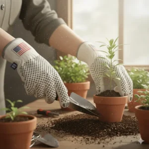 Lightweight protective cotton work gloves made in USA being used for backyard gardening and planting.