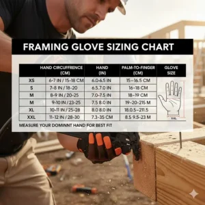 A comprehensive sizing guide for selecting the correct fit for framing gloves for nail gun use.