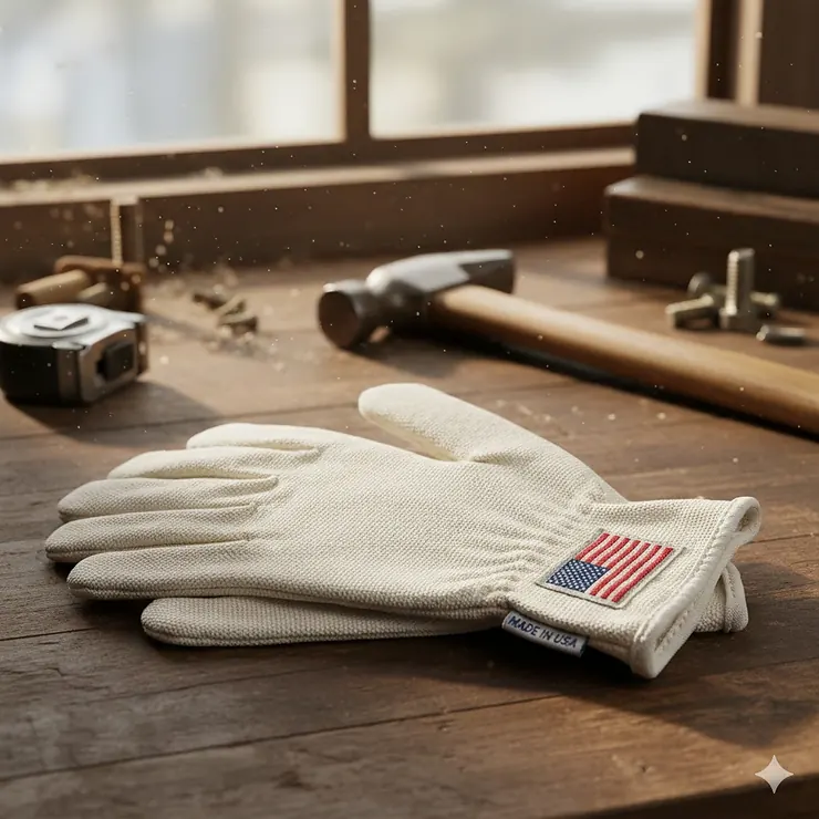 A pair of heavy-duty white cotton work gloves made in USA displayed on a wooden workbench with an American flag tag.