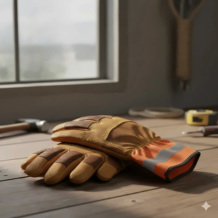 A pair of heavy-duty leather rigger work gloves with reinforced palms and safety cuffs for industrial protection.