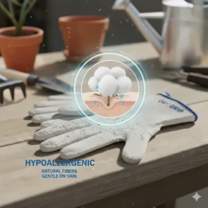 Graphic showing 100% natural cotton fibers being gentle on skin to prevent irritation caused by trapped sweat.