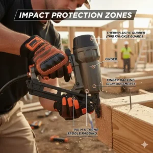 Illustration highlighting the thermoplastic rubber (TPR) impact protection on framing gloves for nail gun safety.