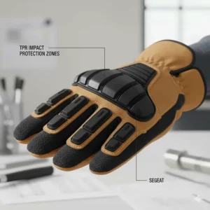 Diagram highlighting TPR impact protection zones on the knuckles of winter-ready rigger gloves.