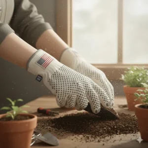 Illustration of the snug knit-wrist design on cotton work gloves made in USA to keep out debris.