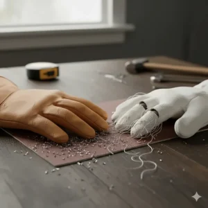 A close-up illustration showing leather work gloves resisting rough surface abrasion compared to fraying canvas material.