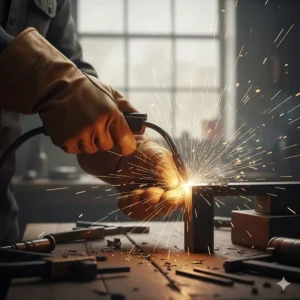 Leather work gloves protecting hands from sparks and high temperatures during a welding or grinding task.