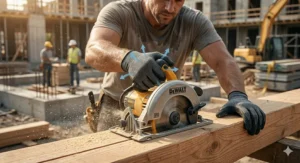 Construction worker using lightweight, non-sweaty work gloves to handle power tools on a job site.