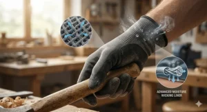 Close-up illustration of moisture-wicking fabric used in work gloves to keep hands dry and cool.