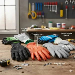 Close-up of different palm coatings including sandy nitrile, smooth latex, and polyurethane for superior grip.