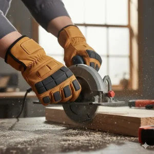 Detailed view of vibration-dampening palm padding on framing gloves designed for extended use of circular saws.