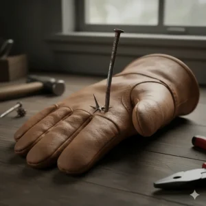 A diagram illustrating a thorn or sharp metal piece failing to penetrate thick cowhide leather work gloves.