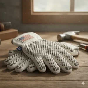 Cotton work gloves made in USA featuring non-slip PVC dots for enhanced grip and safety.