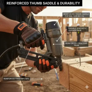 Detailed view of a reinforced thumb saddle on a work glove to prevent wear from repeated nail gun recoil.