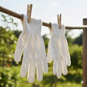 A pair of washable and reusable cotton work gloves to show durability.