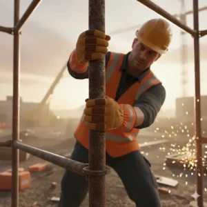 A worker wearing yellow rigger work gloves while handling heavy scaffolding on a construction site.