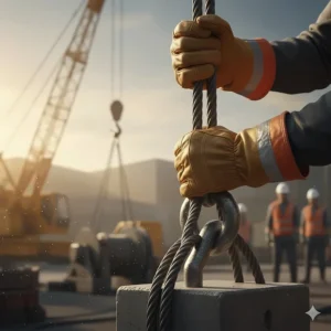 Durable rigger work gloves being used to guide steel cables and heavy lifting equipment.