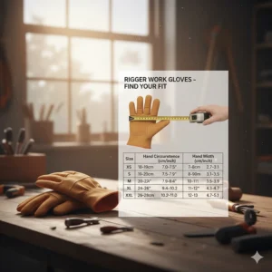A size chart for rigger work gloves showing how to measure hand width for a comfortable fit.