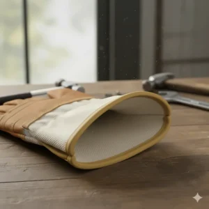 Industrial canvas gloves featuring a rigid rubberized safety cuff for wrist protection.