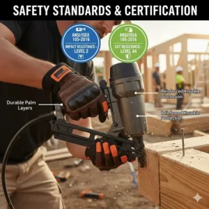 Graphic showing ANSI/ISEA impact and cut resistance ratings relevant to framing and carpentry gloves.