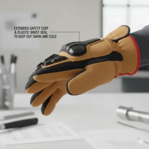 Illustration of the extended safety cuff and elastic wrist designed to keep out snow and cold air.