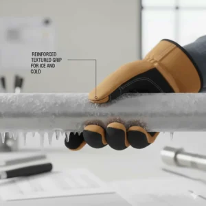 Detailed view of the reinforced, textured palm design for superior grip in icy conditions.