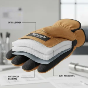 Close-up diagram showing the multi-layer thermal Thinsulate lining inside an insulated rigger glove.