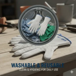 Illustration of cotton work gloves being machine washed to maintain hygiene for frequent sweaters.